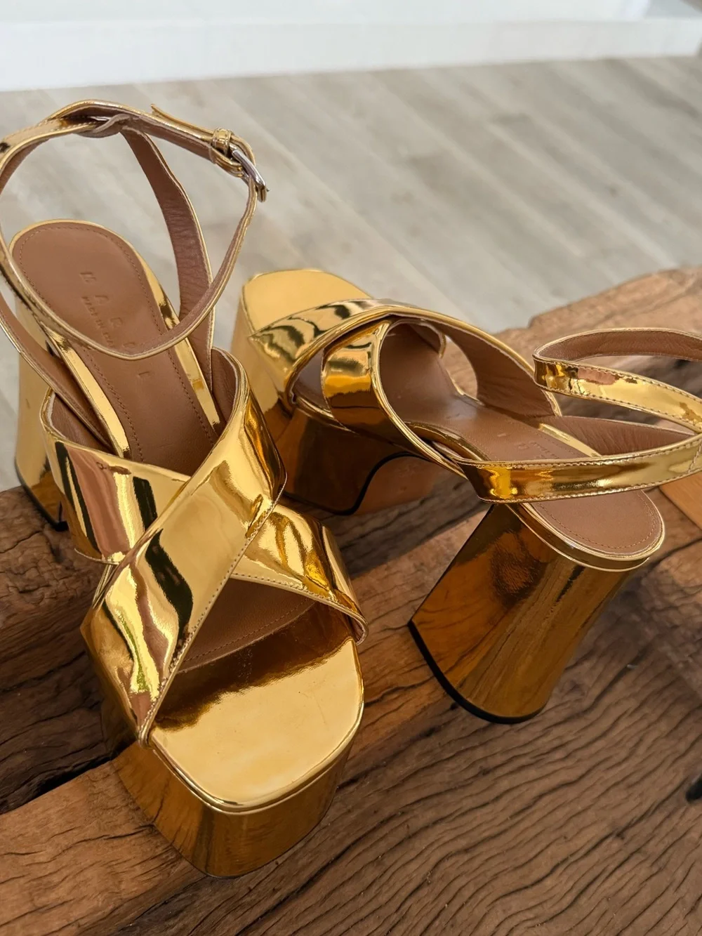 MARNI Gold Platform Block Heel Sandals - Women's Ankle Strap